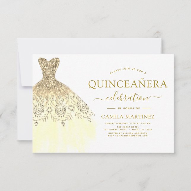 Gnistran Quinceanera White och Guld Glitter Inbjudningar (Framsida)