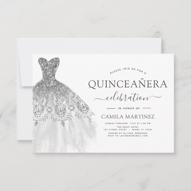 Gnistran Quinceanera White och Silver Glitter Inbjudningar (Framsida)
