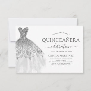Gnistran Quinceanera White och Silver Glitter Inbjudningar
