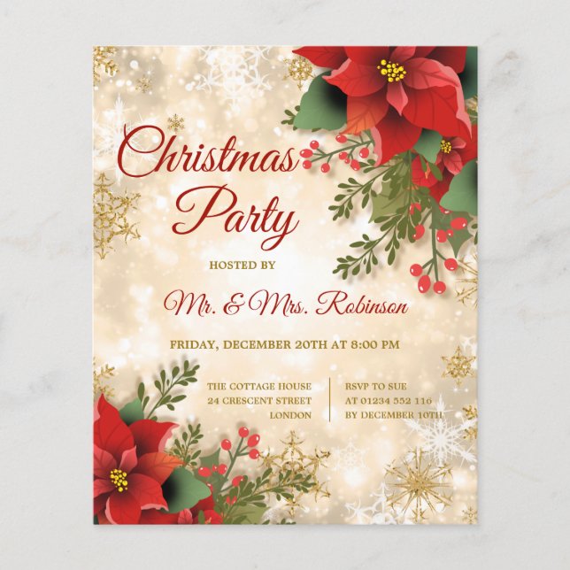 Gnistran Red Poinsettia vid jul Party Guld Flygblad (Framsidan)
