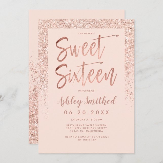 gnistran ro glitter,  rosan sweet sixteen inbjudningar (Fram/baksida)