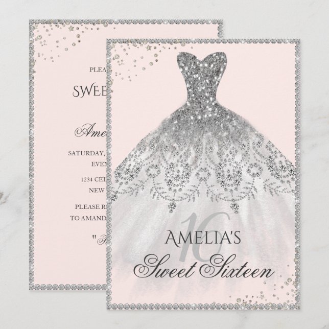 Gnistran Silver Dress 16:e Sweet sixteen Inbjudningar (Fram/baksida)