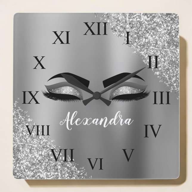 Gnistran Silver Eyelash Monogram Namn Fyrkantig Klocka (Skapare uppladdad)