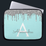 Gnistran Teal Blue Silver Glitter Laptop Fodral<br><div class="desc">Teal Blue - Aqua och Silver Faux Dripping Modern och Elegant Girly Glitter och Gnistra Elegant Monogram Fodral. Fodral kan anpassas så att det omfattar ditt första och första namn.</div>