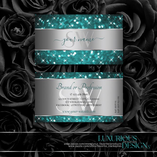 Gnistran Teal Glitter Stars Silver Decor Initialer Visitkort (Skapare uppladdad)