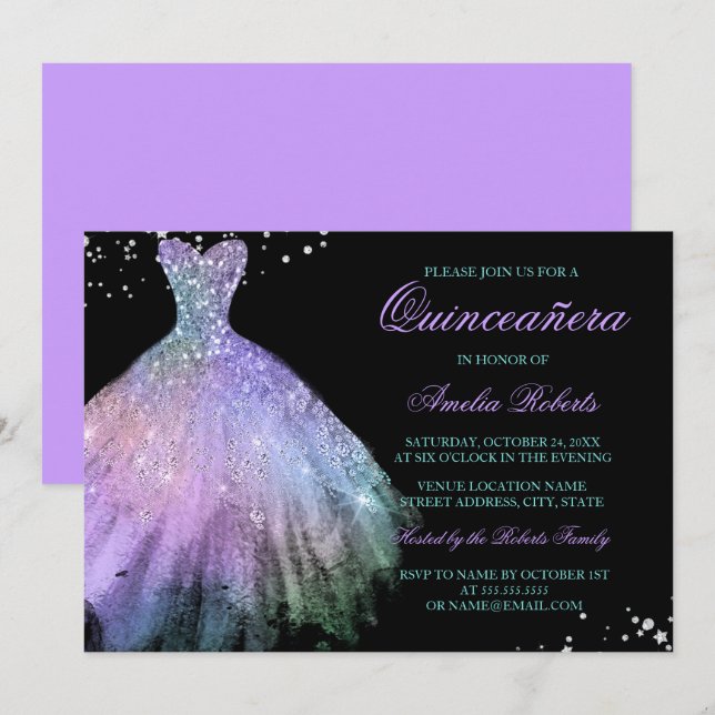 Gnistran Teal Lila Dress Quinceanera-inbjudan Inbjudningar (Fram/baksida)