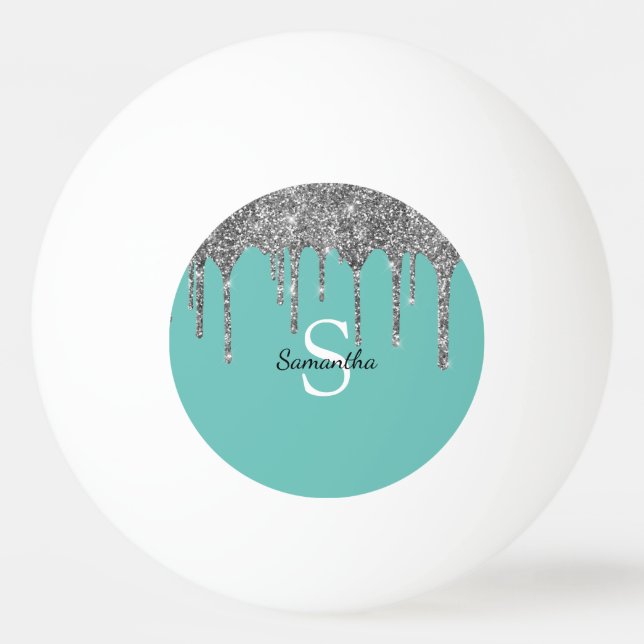 Gnistran Teal Silver Glitter driver Monogram Namn Pingisboll (Framsidan)