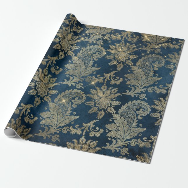 Gnistrande blå och guld vintage damast presentpapper (Utrullad)