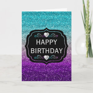 Gnistrande blå och lila gradient glitter födelseda kort