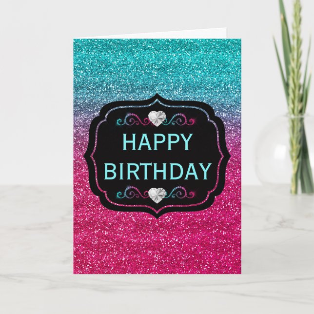 Gnistrande blå och rosa gradient glitter födelseda kort (Framsida)