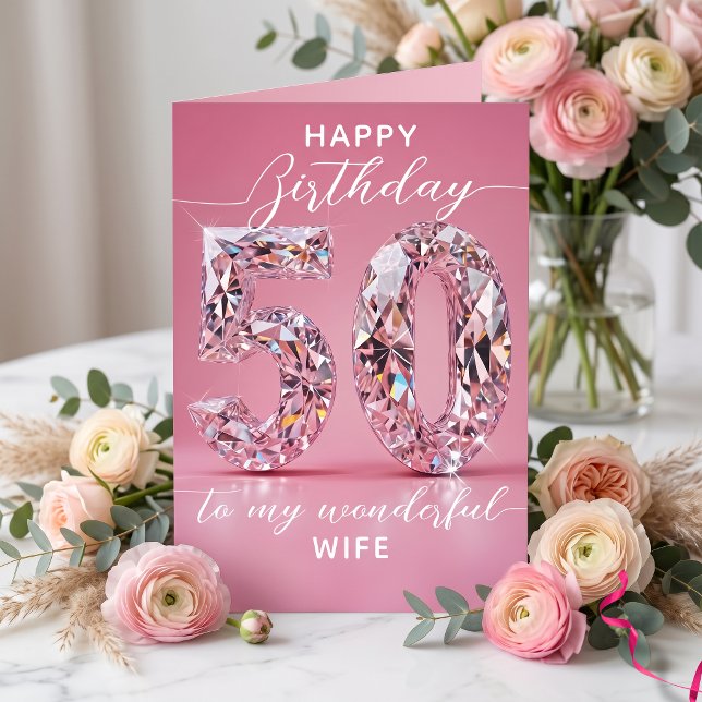 Gnistrande Blank Glamourös Rosa Ädelsten 50-årsdag Kort (Skapare uppladdad)