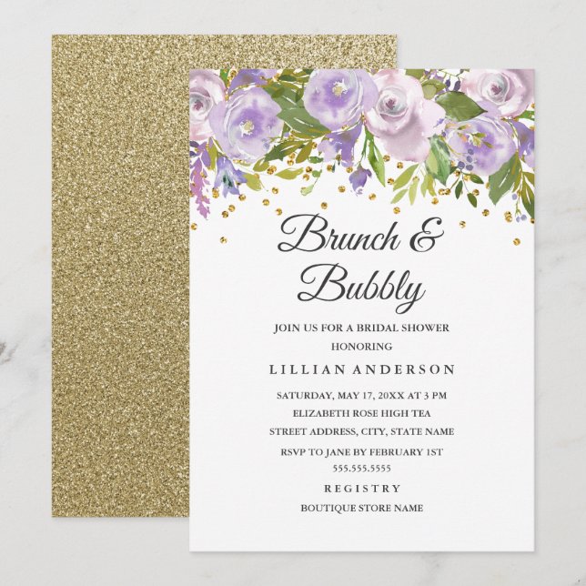 Gnistrande Blommig Lila Brunch Och Bubbly Inbjudningar (Fram/baksida)