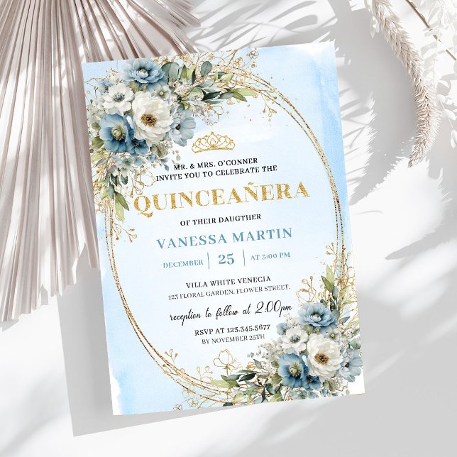 Gnistrande dammig blå guldgrönska 15-årsfirande inbjudningar (Sparkling Dusty Blue Gold Greenery 15th Birthday Invite

)