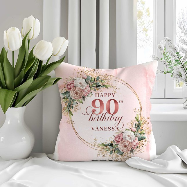 Gnistrande dammig rosa blommig 90-årsdags kudde (Shimmering Dusty Pink Floral 90th Birthday Pillow)