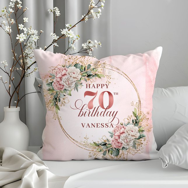 Gnistrande dammig rosa blommor kudde 70-årsdag (Shimmering Dusty Pink Flowers Pillow 70th Birthday Pillow)