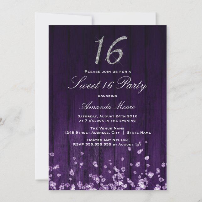 Gnistrande diamant lila silver Sweet 16 inbjudan (Framsida)