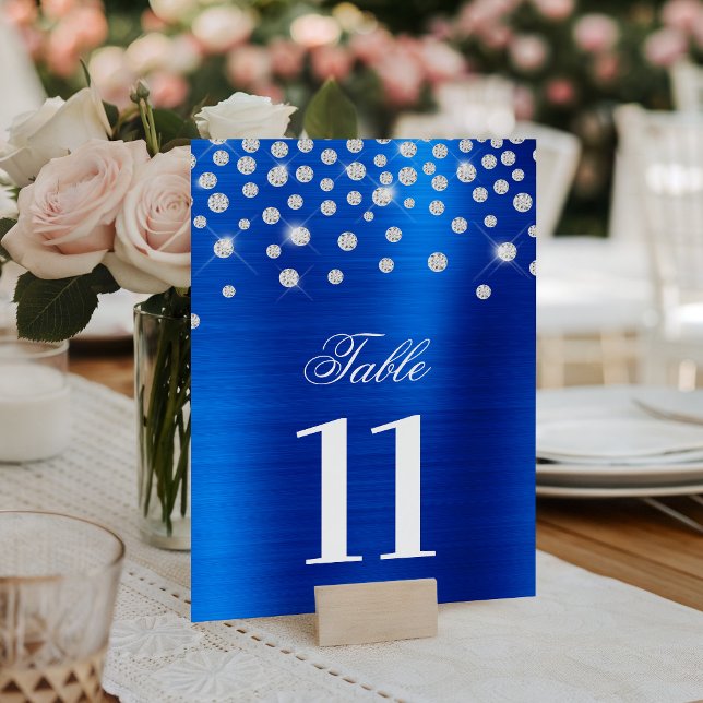 Gnistrande falska silverdiamanter Royalblå satinfo Bordsnummer (Sparkly Faux Silver Diamonds Royal Blue Satin Foil Table Number)