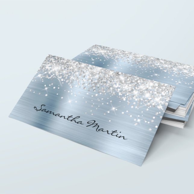 Gnistrande falskt silver glitter ljusblå folie visitkort (Silver Glitter Light Blue Foil Business Card)