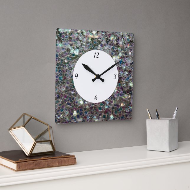 Gnistrande färgrik silvermosaik med siffror fyrkantig klocka (Kontor)