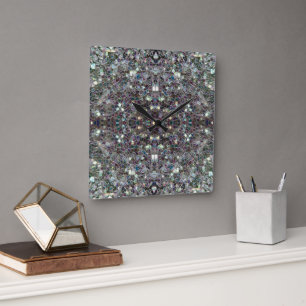 Gnistrande färgrik silvermosaik v4 - Mandala Fyrkantig Klocka