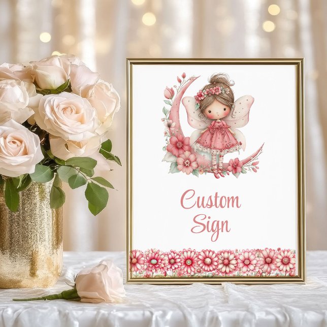 Gnistrande Fe Mädchen Röda Kinder Floral Födelseda Poster (Sparkling Fairy Girl Blush Floral Birthday Custom Sign

)