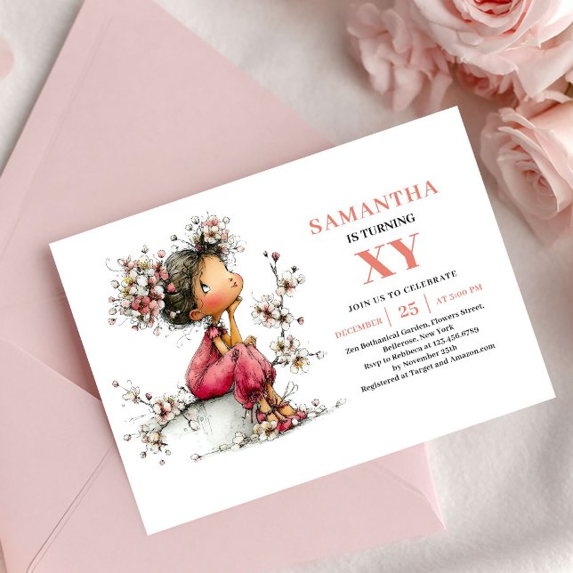 Gnistrande Fe-tjej 3-års Födelsedags Rodnad Blomma Inbjudningar (Sparkling Fairy Girl 3rd Birthday Blush Floral invitation)