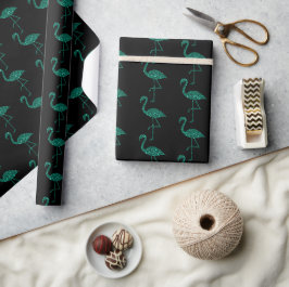 Gnistrande flamingo Smaragd glittermönster svart Presentpapper