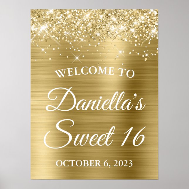 Gnistrande glitter blekgul folie Sweet 16 välkomst Poster (Framsidan)