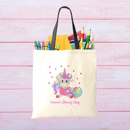 Gnistrande Glitter Enhörning Läsande Hennes Bok Na Tygkasse