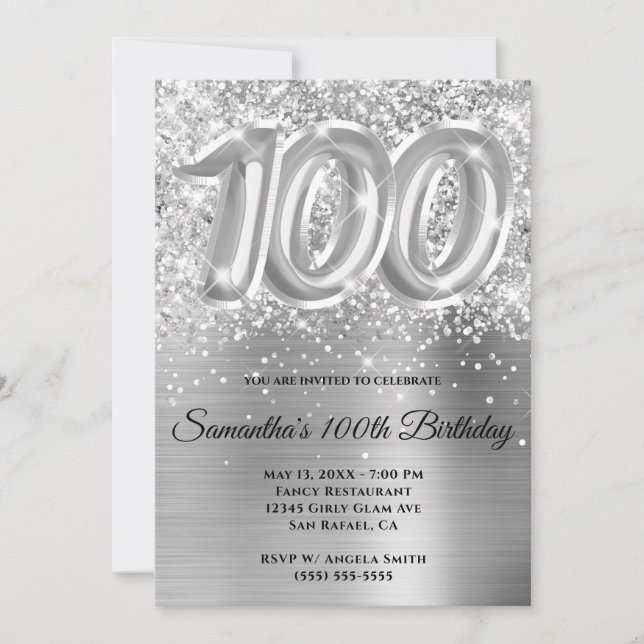 Gnistrande glitter silver glam 100-årsdag inbjudningar (Framsida)