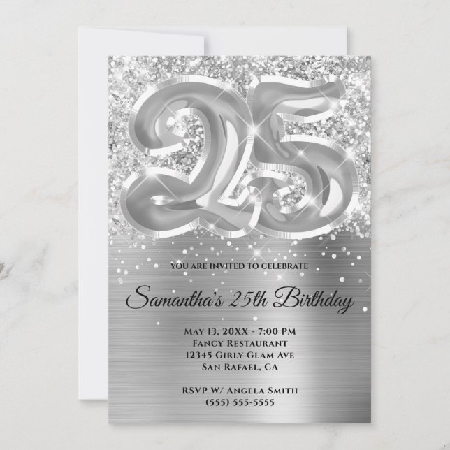 Gnistrande glitter silver glam 25-årsdag inbjudningar (Framsida)
