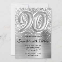 Gnistrande glitter silver glam 90-årsdag inbjudningar