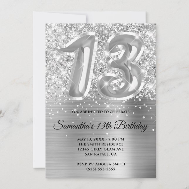 Gnistrande glitter silver glamour 13-årsdag inbjudningar (Framsida)