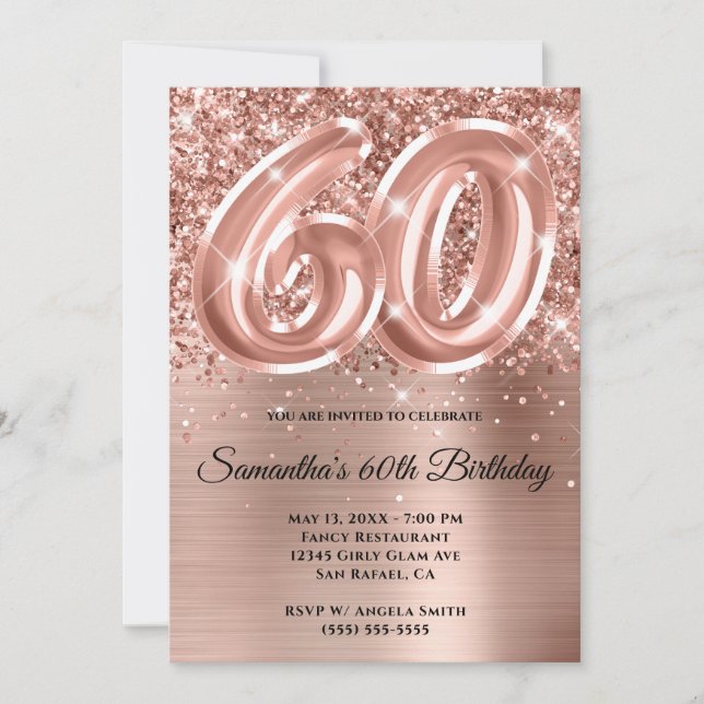 Gnistrande glitterrosa guld glam 60-årsfirande inbjudningar (Framsida)