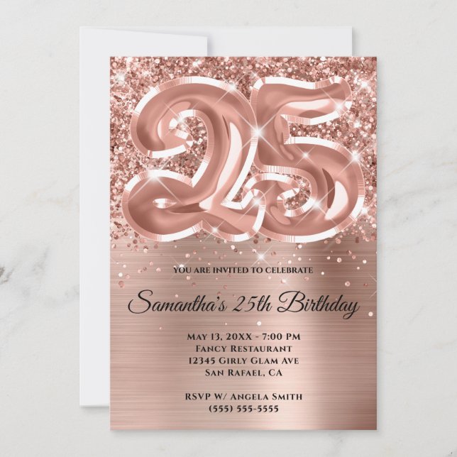 Gnistrande glitterrosa guldglam 25-årsdag inbjudningar (Framsida)
