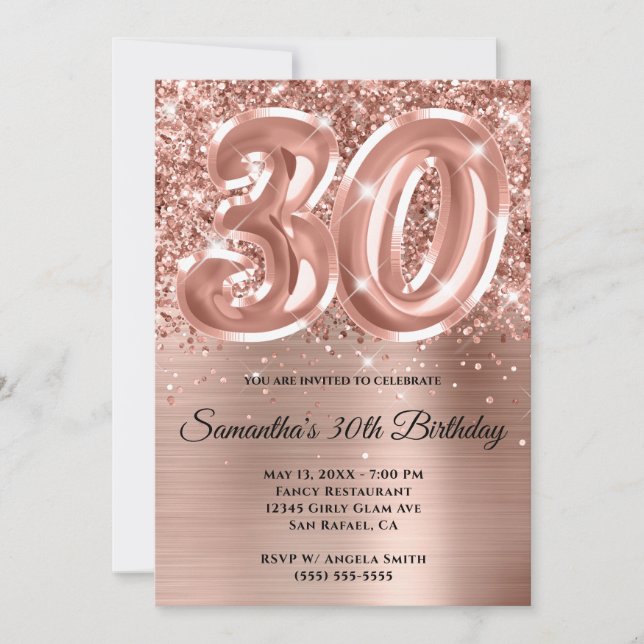 Gnistrande glitterrosa guldglam 30-årsdag inbjudningar (Framsida)