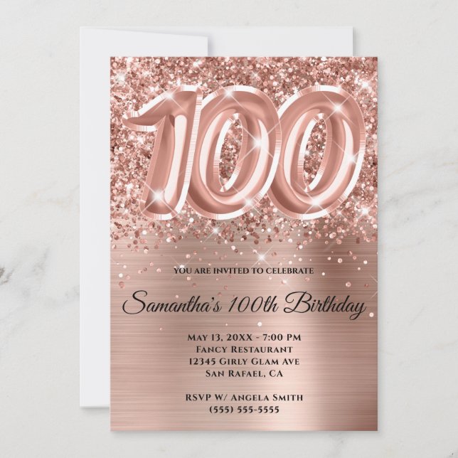 Gnistrande Glittrig Roséguld Glam 100-årsdag Inbjudningar (Framsida)