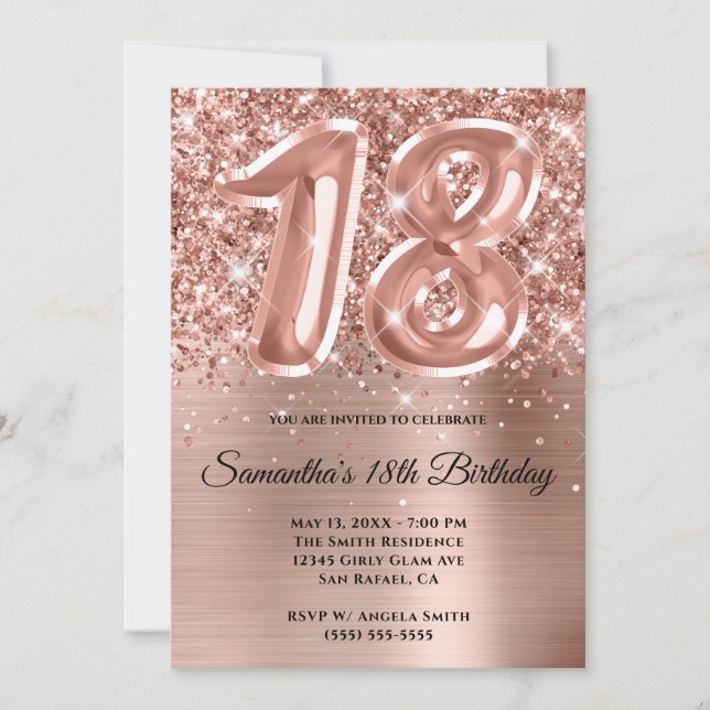 Gnistrande Glittrig Roséguld Glam 18-årsdag Inbjudningar (Framsida)