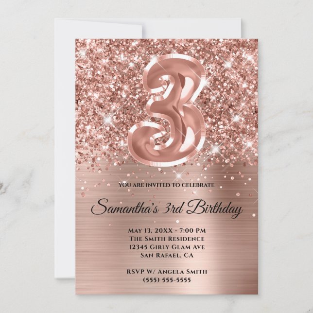 Gnistrande Glittrig Roséguld Glam 3-årsfest Inbjudningar (Framsida)
