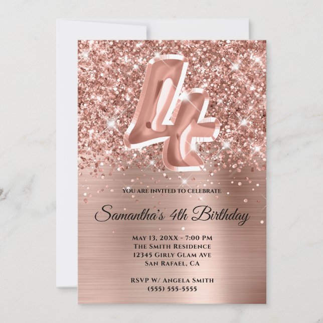 Gnistrande Glittrig Roséguld Glam 4-årsfest Inbjudningar (Framsida)
