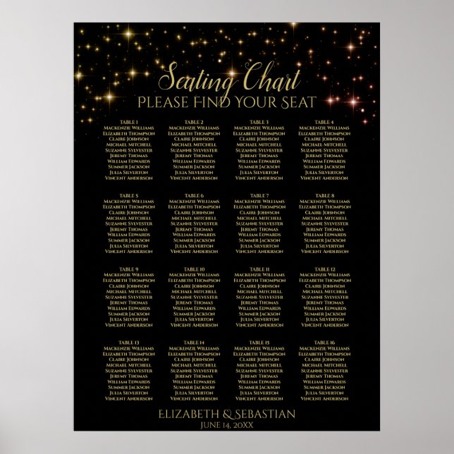 Gnistrande gnistor 16 Bord Bröllopsplatskarta Poster (Framsidan)