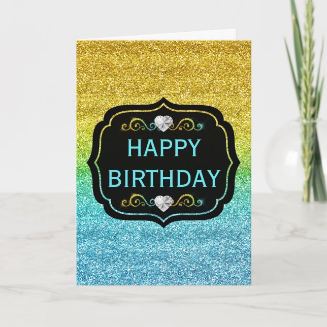 Gnistrande gul och blå gradient glitter födelsedag kort (Framsida)