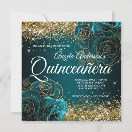 Gnistrande guld glitter blå teal ros Quinceañera Inbjudningar