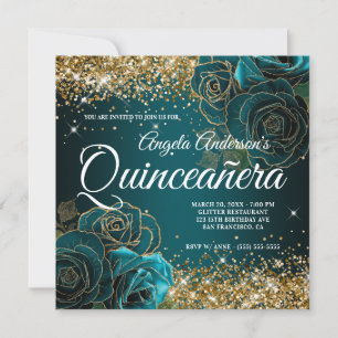 Gnistrande guld glitter blå teal ros Quinceañera Inbjudningar