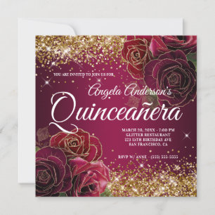 Gnistrande guld glitter burgunderröd ros Quinceañe Inbjudningar