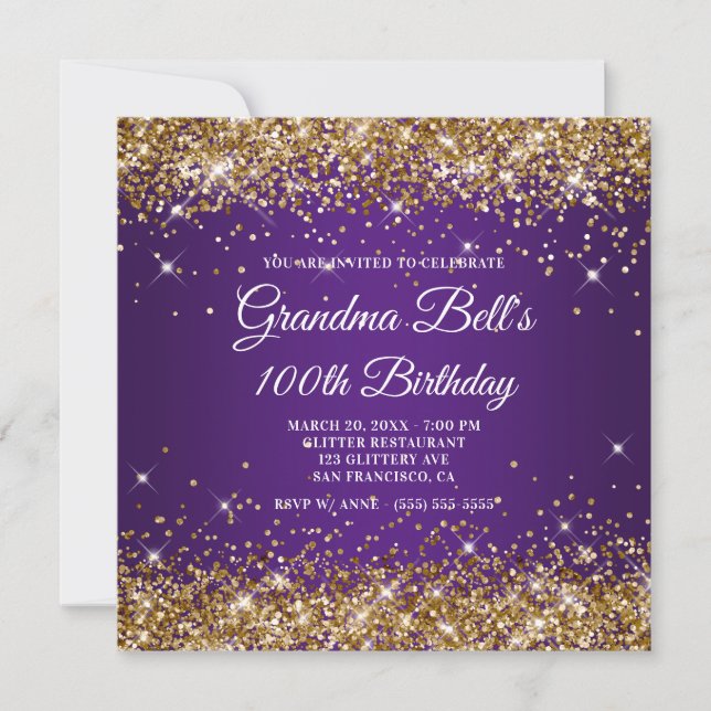 Gnistrande guld glitter kunglig lila 100-årsdag inbjudningar (Framsida)