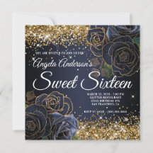 Gnistrande guld glitter marinblå ros Sweet Sixteen