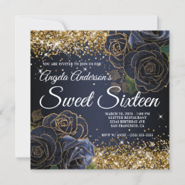 Gnistrande guld glitter marinblå ros Sweet Sixteen Inbjudningar