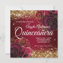 Gnistrande guld glitter mörkröd ros Quinceañera