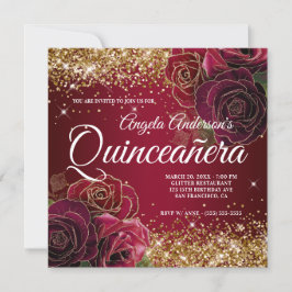 Gnistrande guld glitter mörkröd ros Quinceañera Inbjudningar